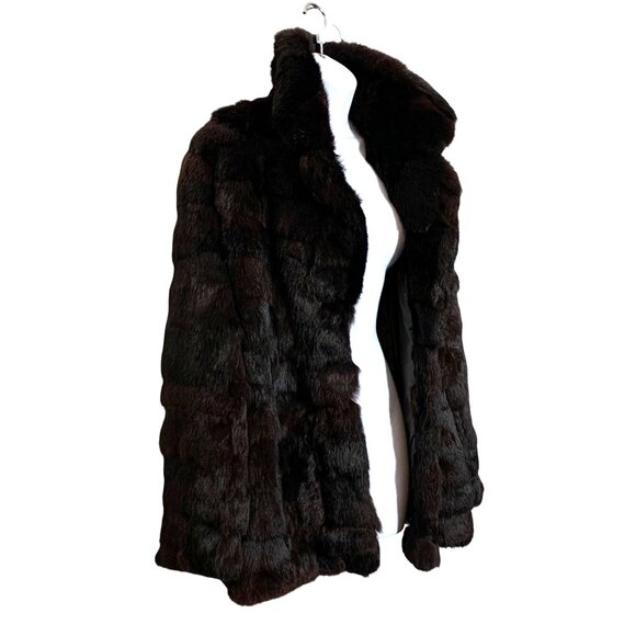 VTG 50s 60s Dark Brown 100% Rabbit Fur Coat Open Front Womens SZ M Pockets EUC